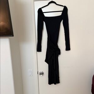 Aritzia Black Long-Sleeve Square Neck Tie-Side Midi Dress